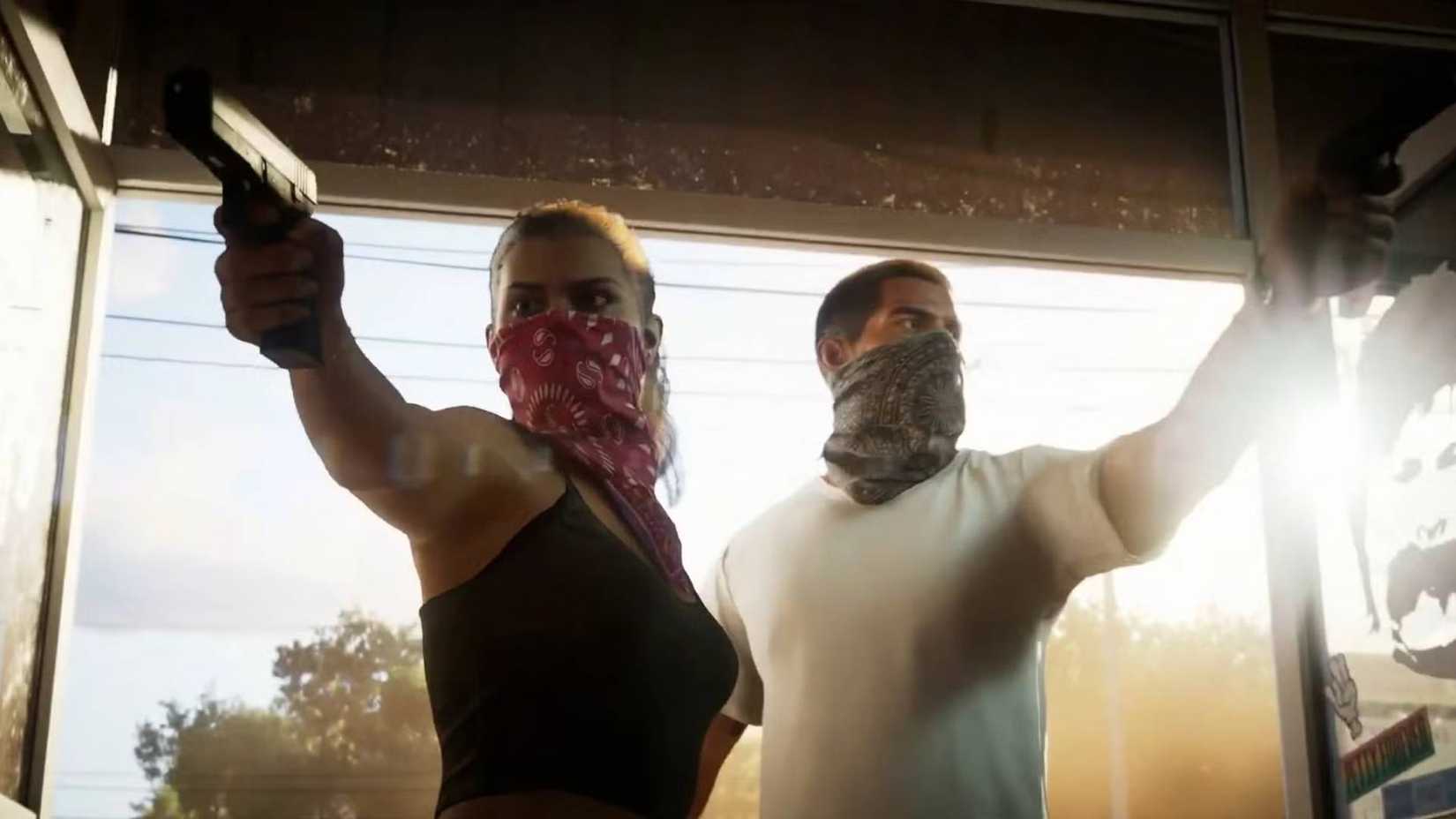Grand Theft Auto 6 protagonists Jason and Lucia are wearing bandanas and pointing guns when entering a store.