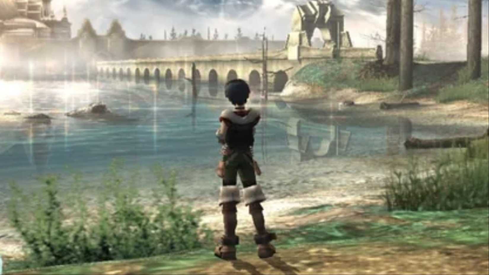 Yuki stares out at a large body of water as he stands on the shoreline of Grandia 3.