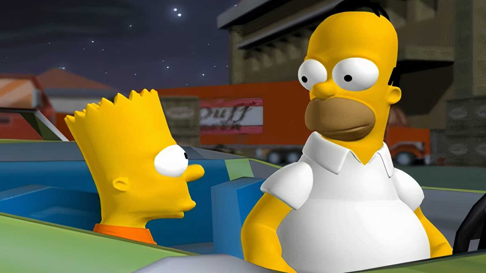 Homer and Bart sitting in a car together in Simpsons Hit and Run.