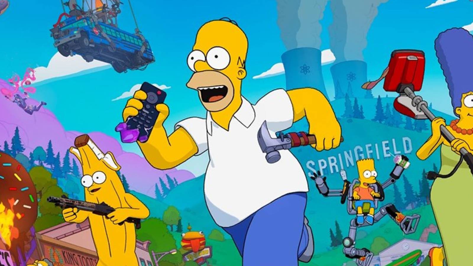 Homer Simpson with remote control and hammer in hand in Fortnite