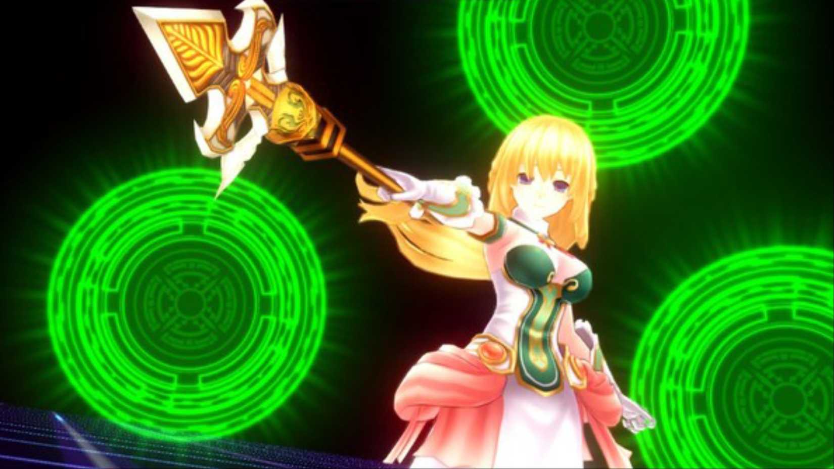 Vert waves her spear and points it forward before unleashing a powerful attack in Hyperdimension Neptunia.