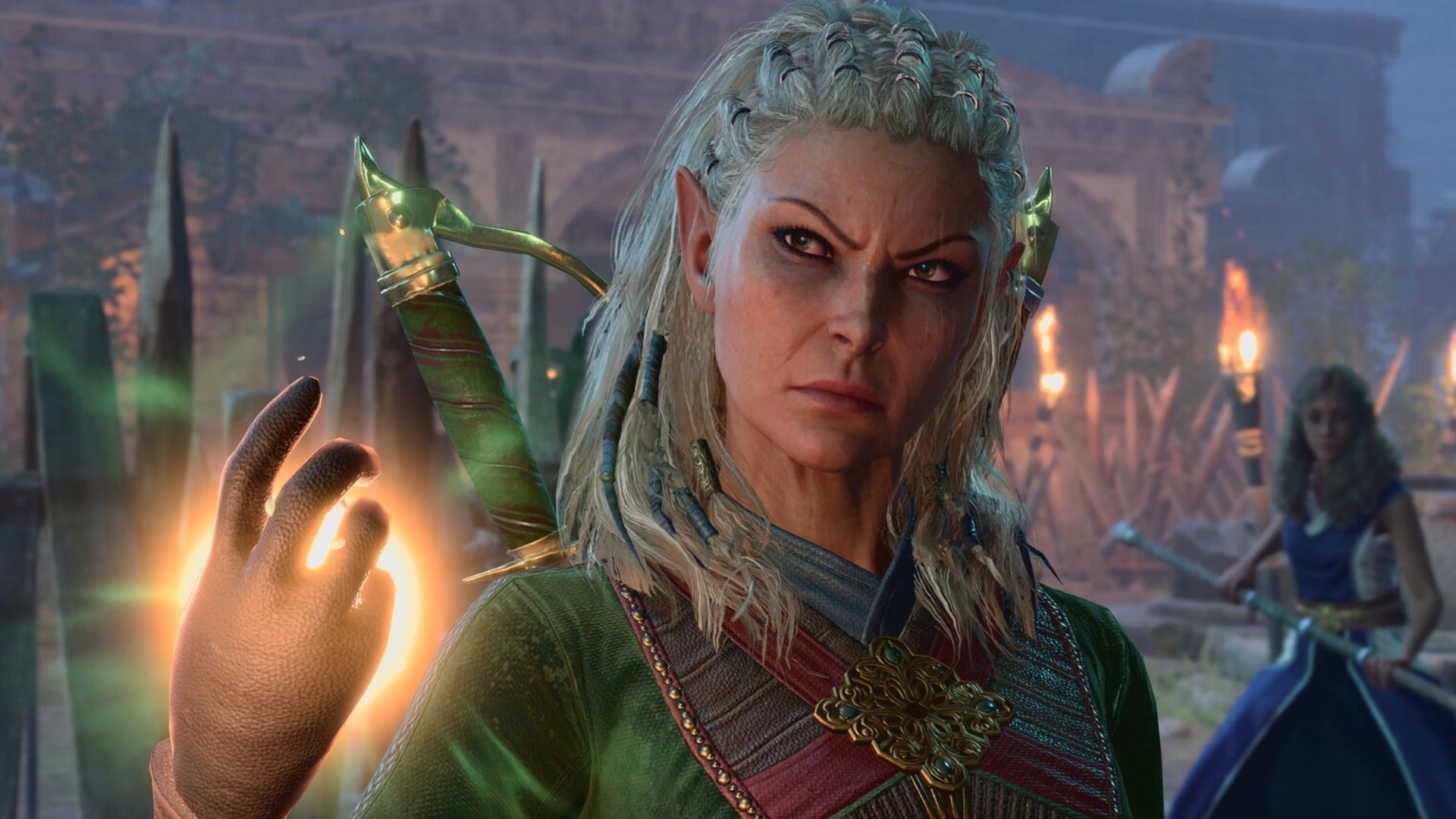 Jaheira em Baldur's Gate 3 com a mão estendida, um dos personagens afetados por bugs persistentes.