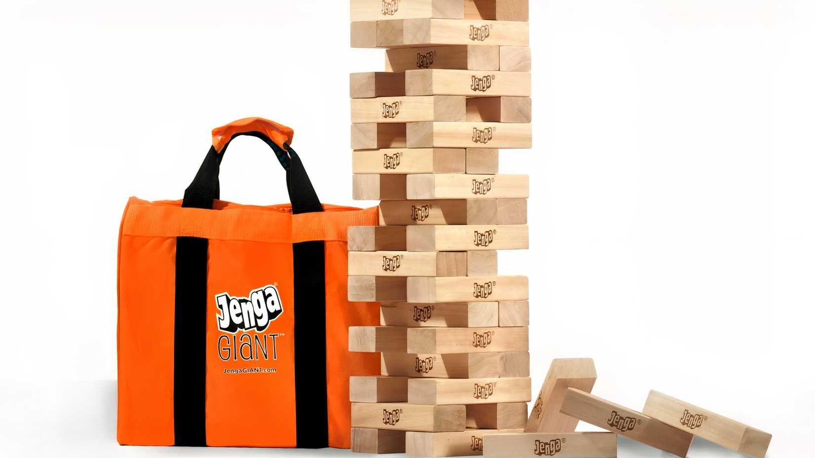 Jenga Giant was piled up next to the storage bag.