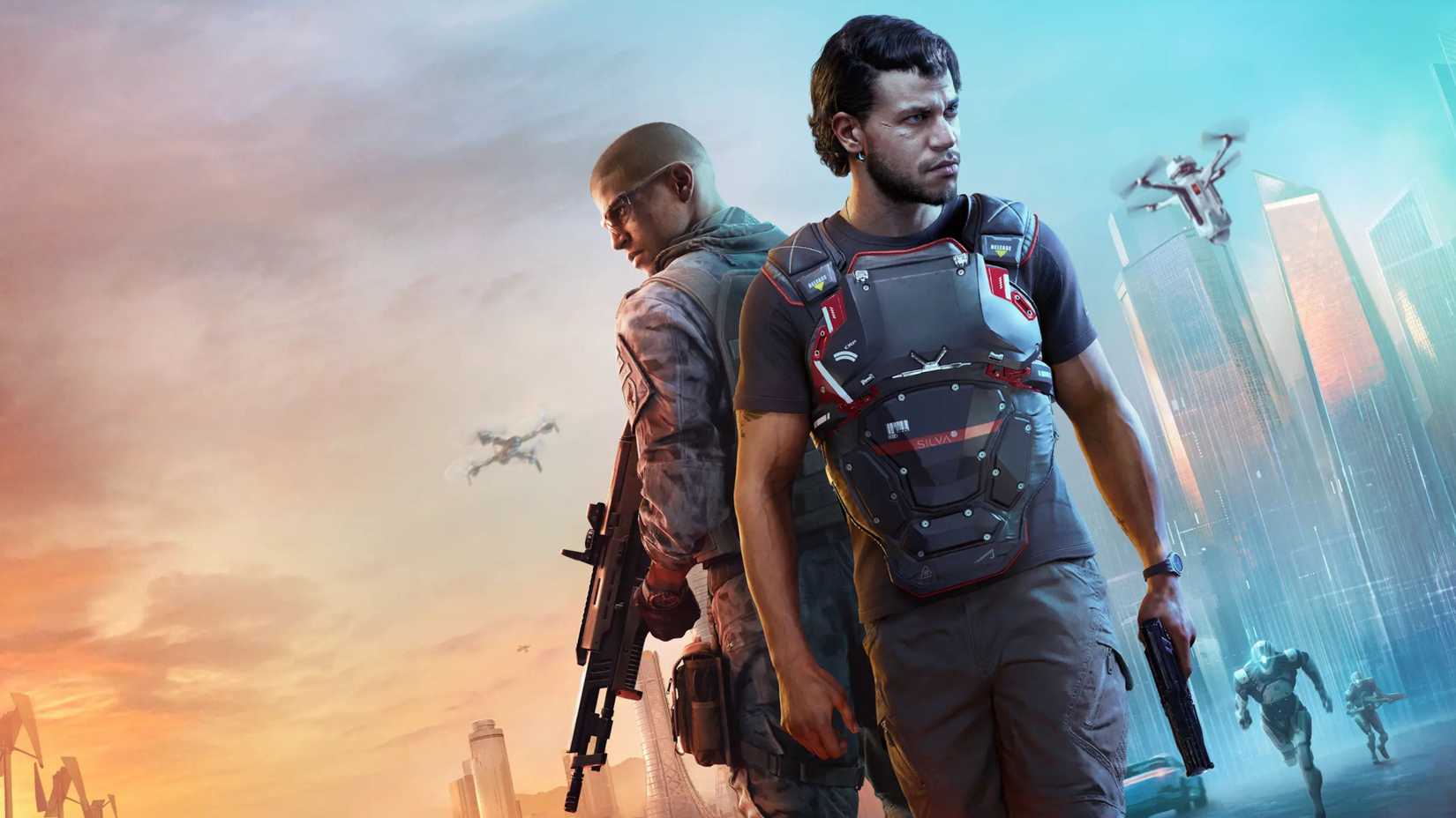 Key art for MindsEye, showing two characters standing back to back, holding guns and wearing bulletproof vests. Robots can be seen in the background.