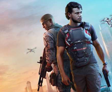 Key art for MindsEye, showing two characters standing back to back, holding guns and wearing bulletproof vests. Robots can be seen in the background.