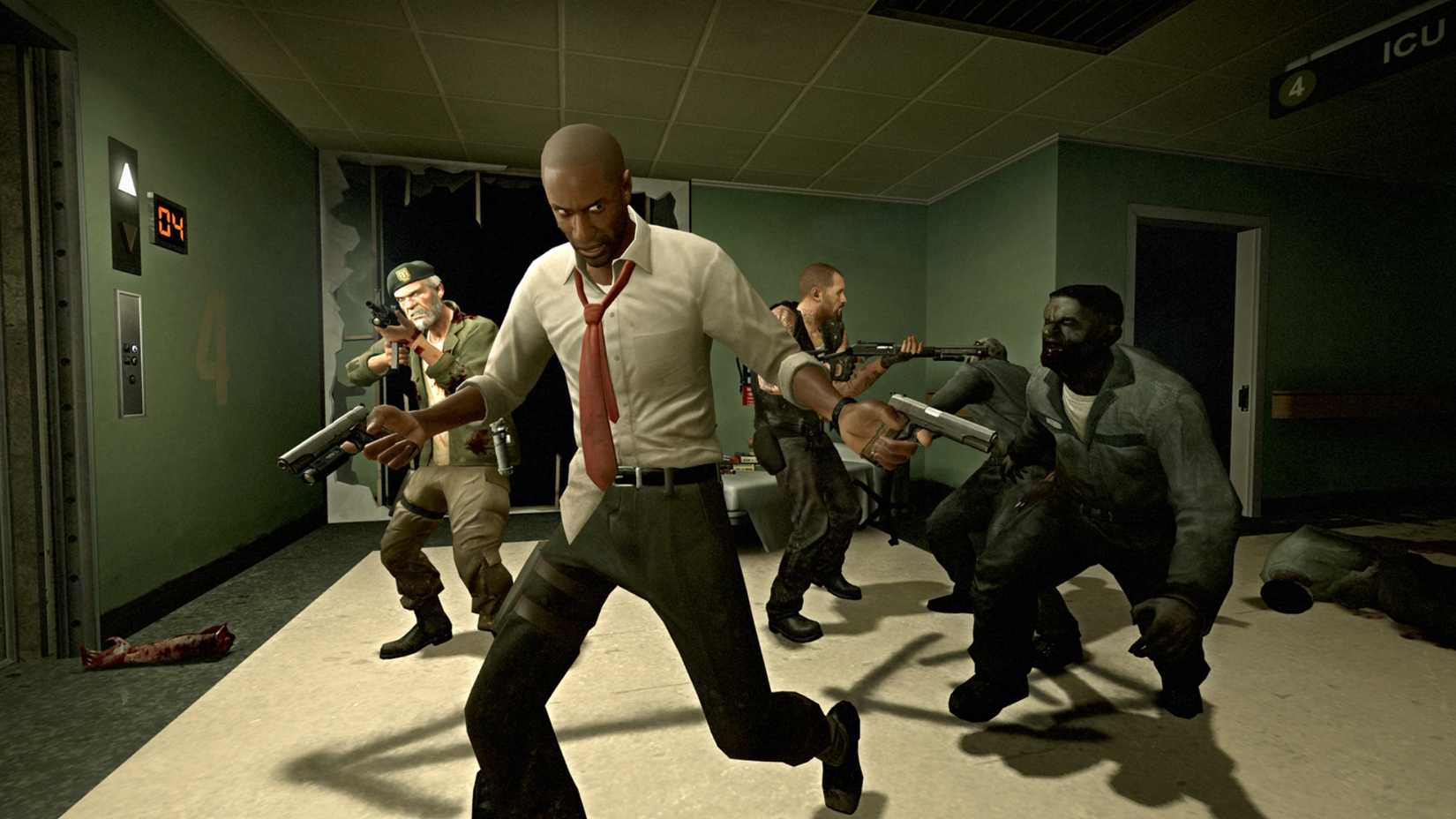Four survivors shoot at a zombie near an elevator door in a hospital hallway.