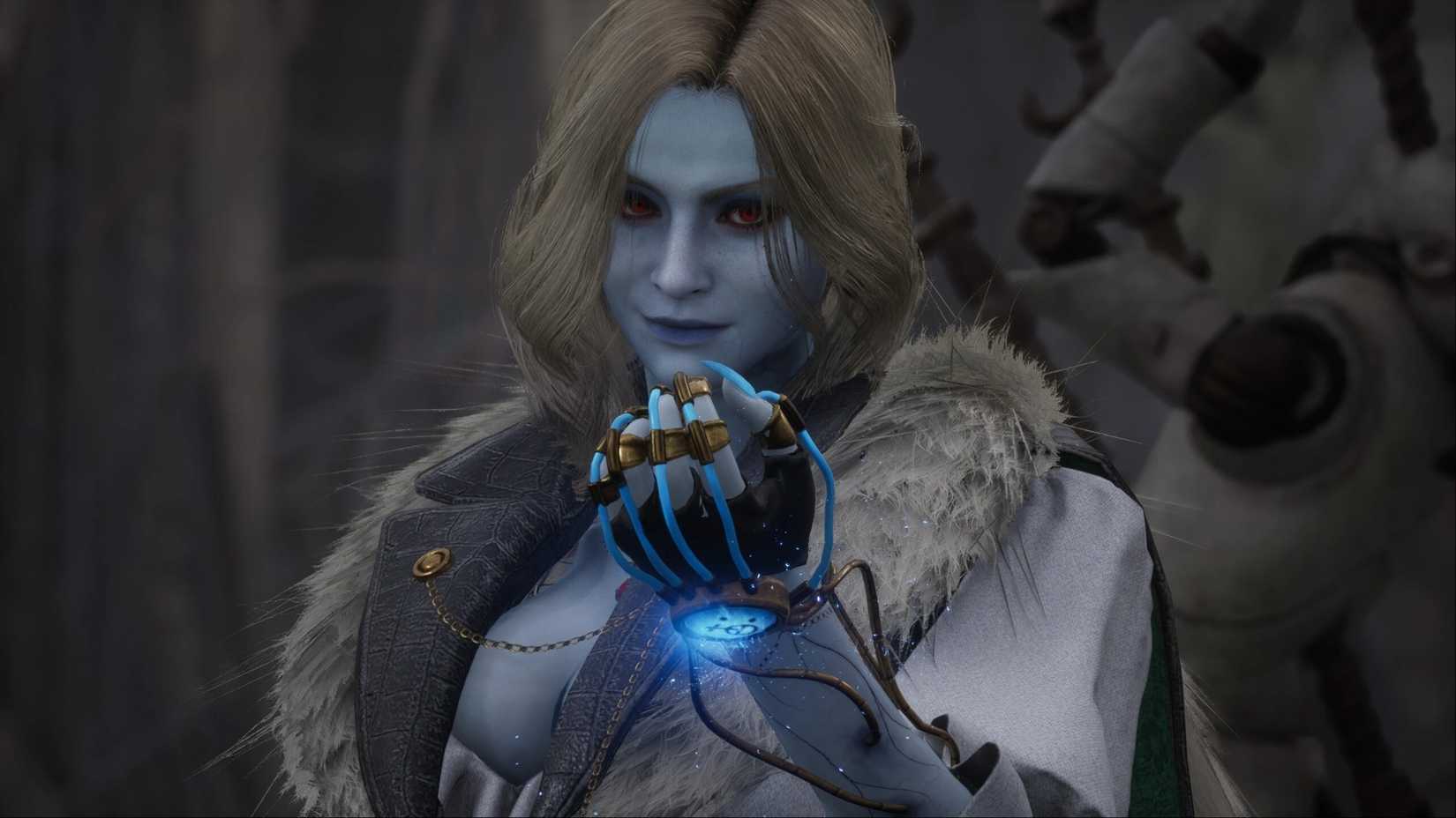 Markiona, Puppeteer of Death, clenching her hand into a fist, while giving a devastating smirk to Pinocchio in Lies of P: Overture.