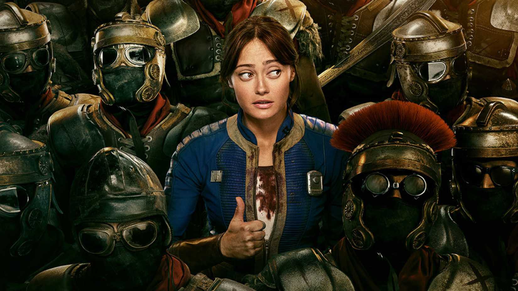 Lucy from Fallout giving a nervous thumbs up while surrounded by members of Caesar's Legion.