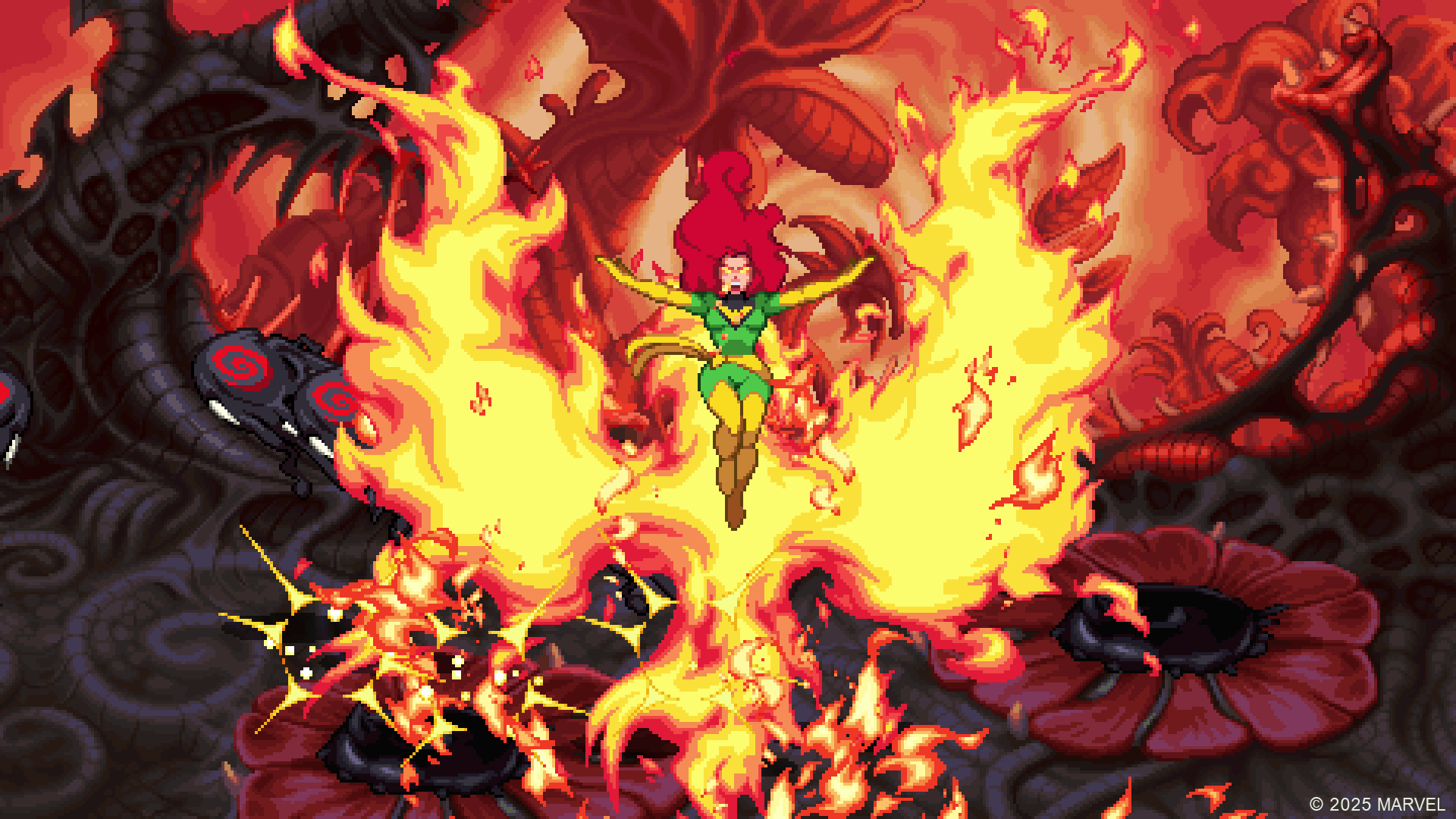 Fênix e Homem de Ferro em ação no jogo Marvel Cosmic Invasion.