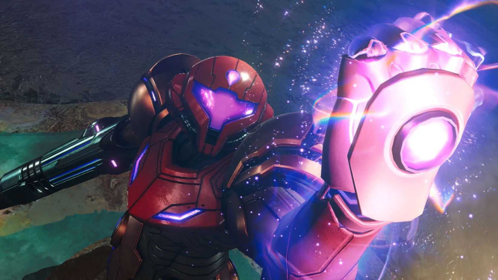 Samus from Metroid Prime 4 holds her armor in the air and glows with a purple light.
