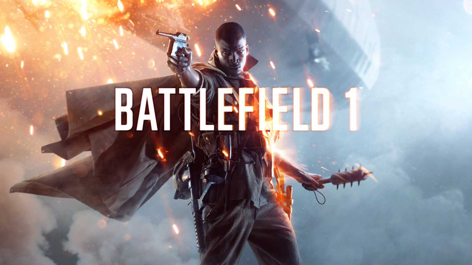 1 key art of a character holding a gun on the battlefield.