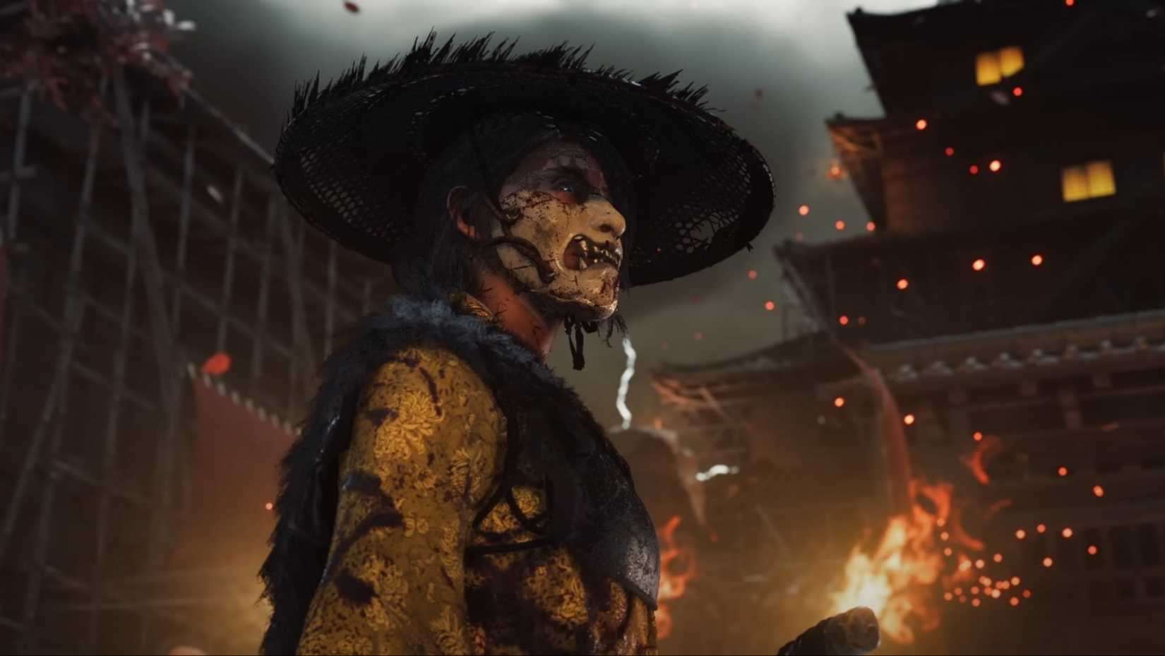 Atsu stands in a burning village haunted by Yotei.