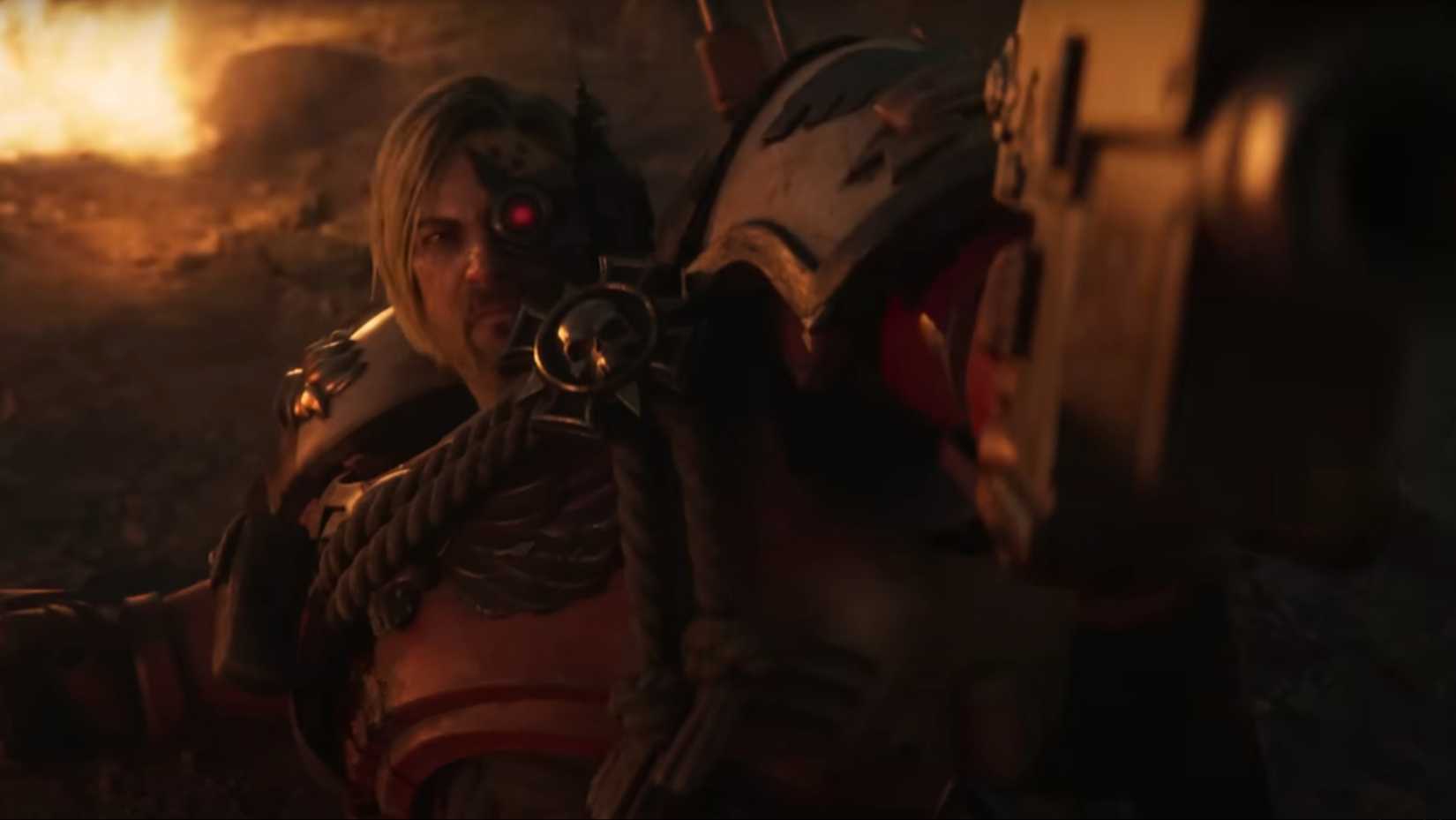 A Blood Angels Space Marine pointing a bolter in Warhammer 40,000: Dawn of War 4.