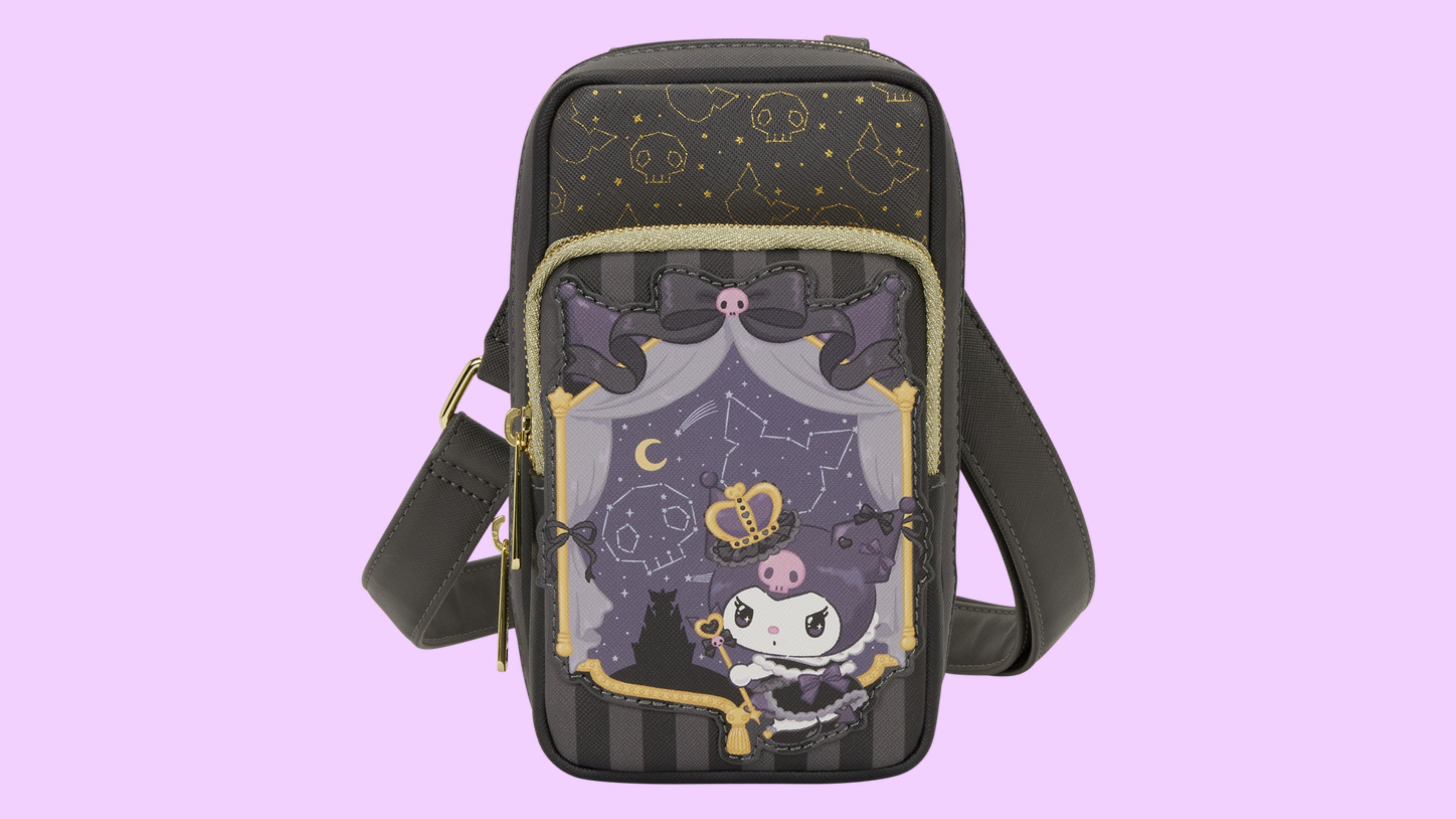 Bolsa transversal Loungefly de aniversário de 20 anos da Kuromi com caveiras e silhuetas bordadas