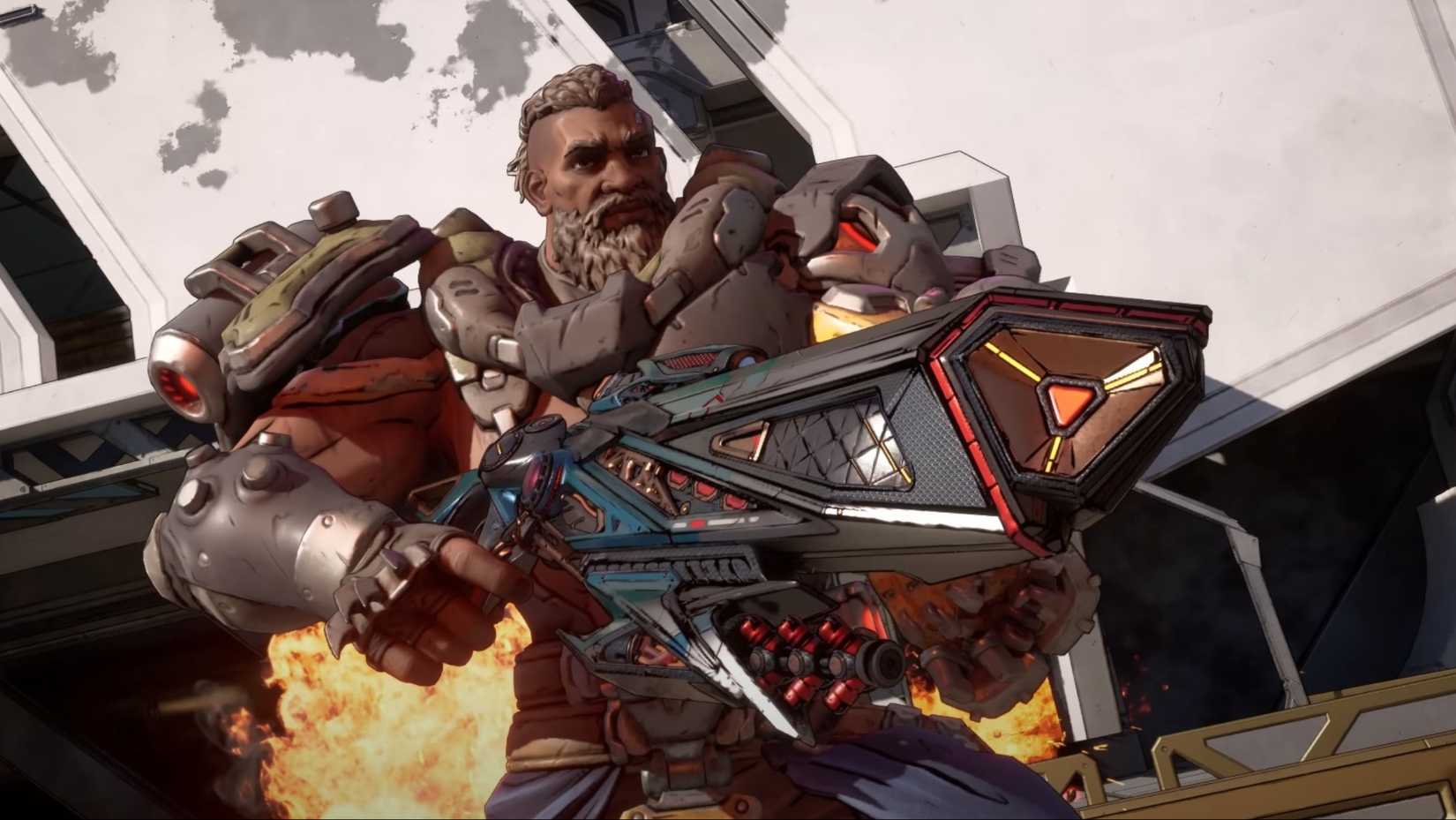 Amon pointing a gun with an explosion in the background in Borderlands 4.