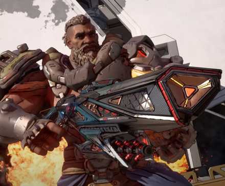 Amon pointing a gun with an explosion in the background in Borderlands 4.