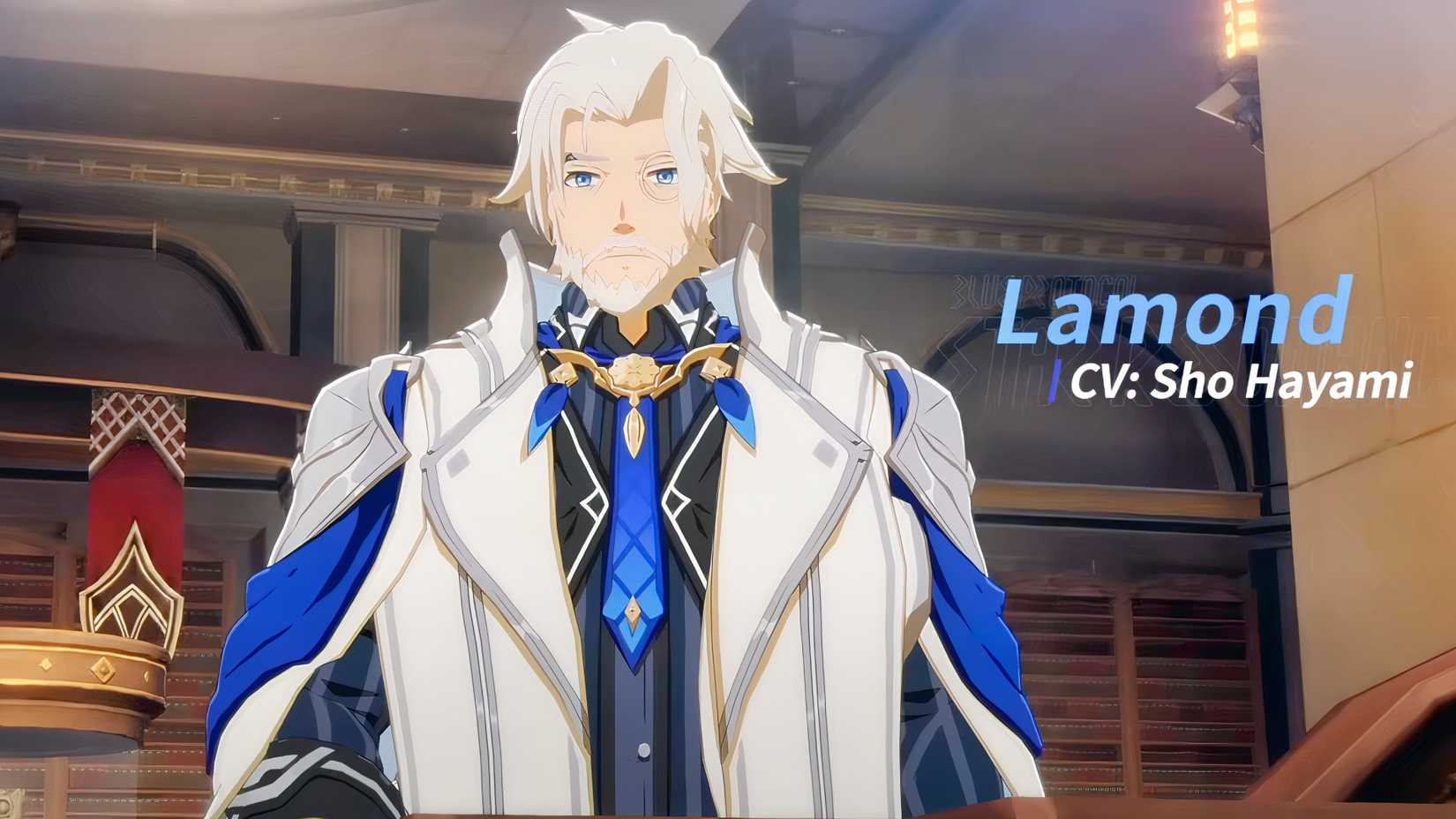 Lamond speaks to the crowd and the name of the voice actor from Blue Protocol: Star Resonance floats next to him.