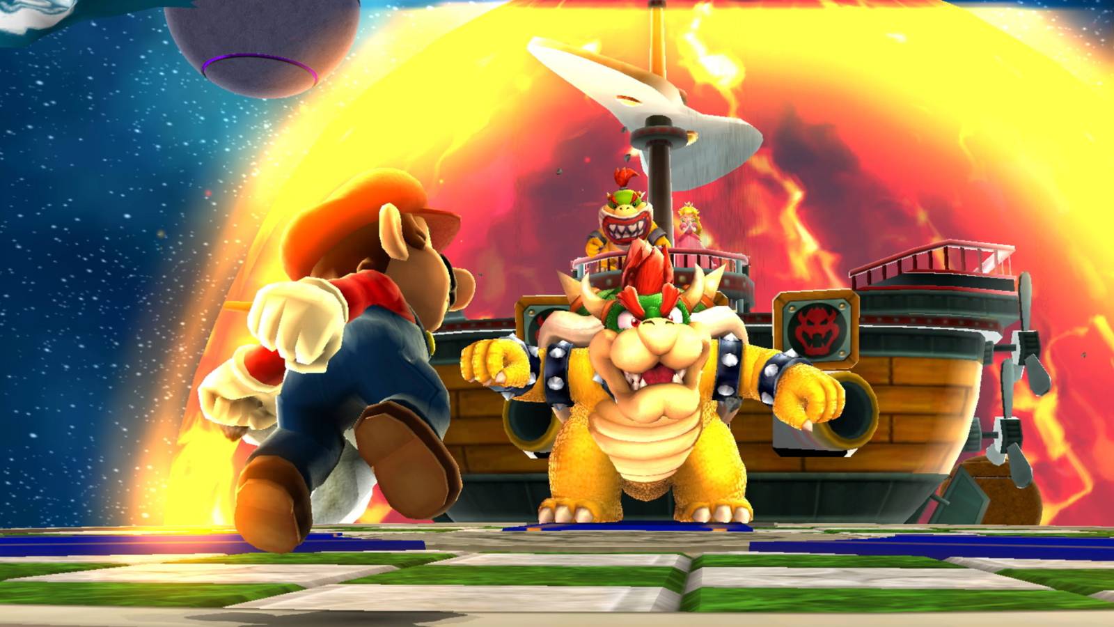 mario saving peach from bowser and bowser jr in super mario galaxy.