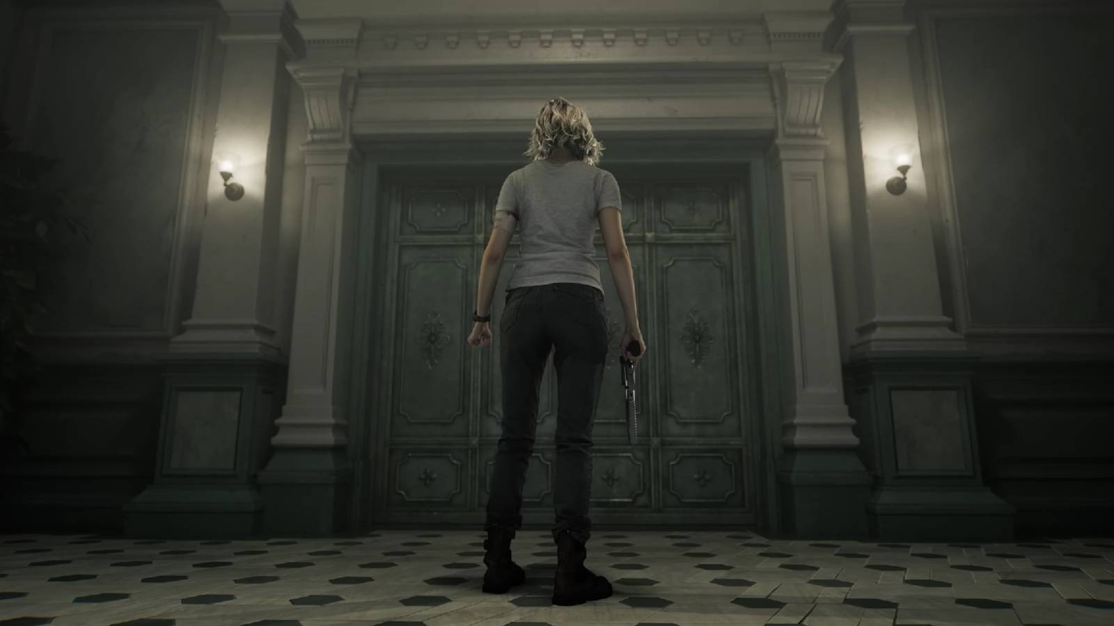 grace facing a door in resident evil requiem.