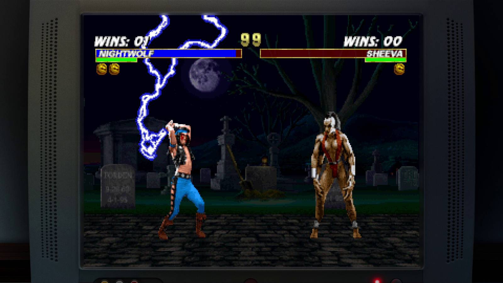 Mortal Kombat Nightwolf preparing a Fatality against Sheeve on an old CRT TV.