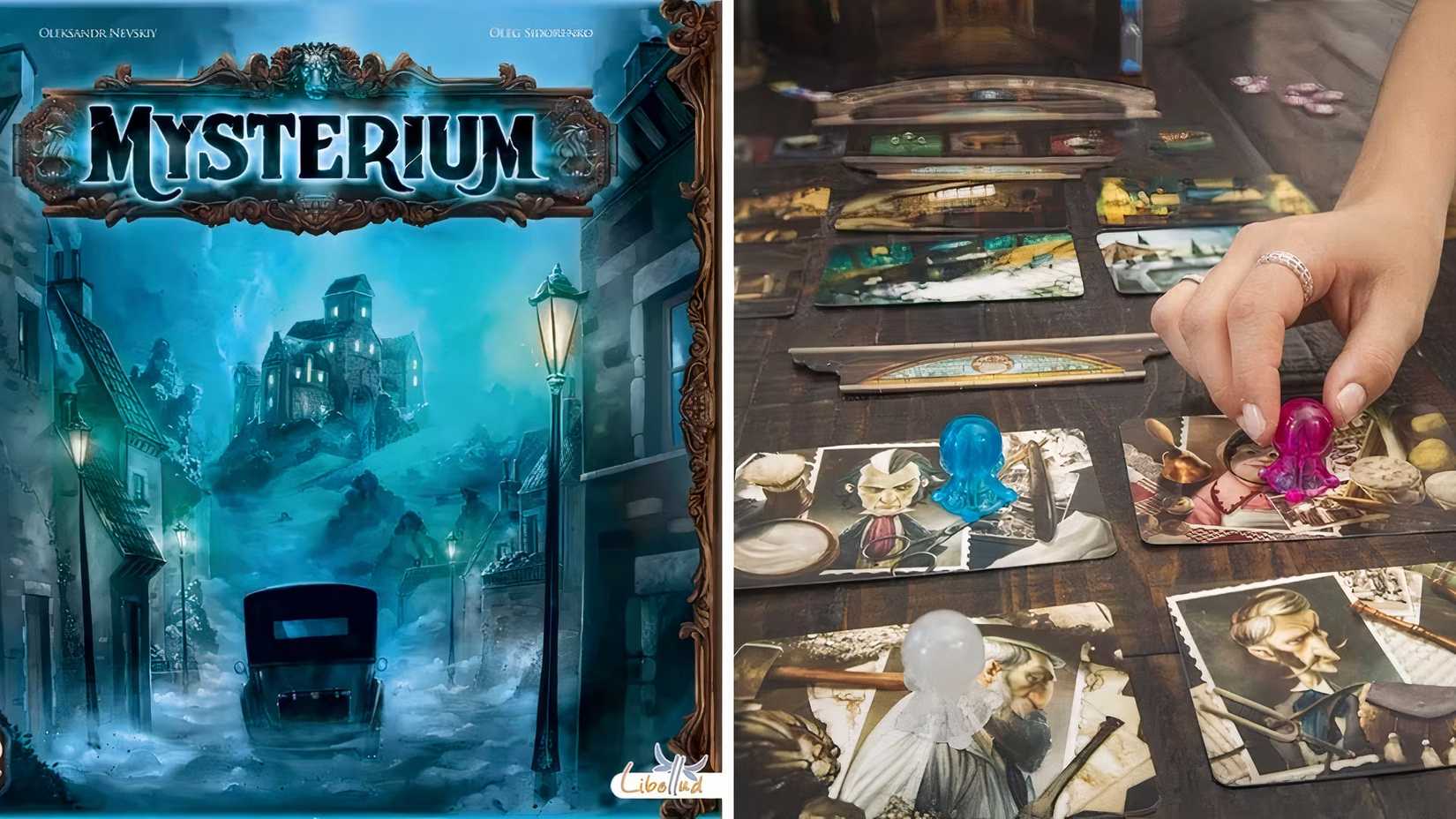 Mysterium board game box next to the player who moves the piece on the board game.