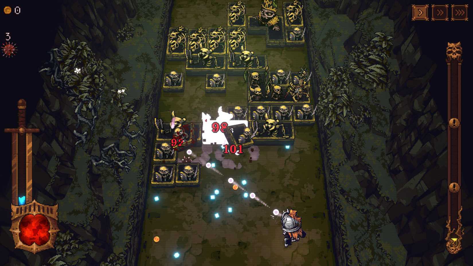 a knight fighting skeletons in ball x pit.