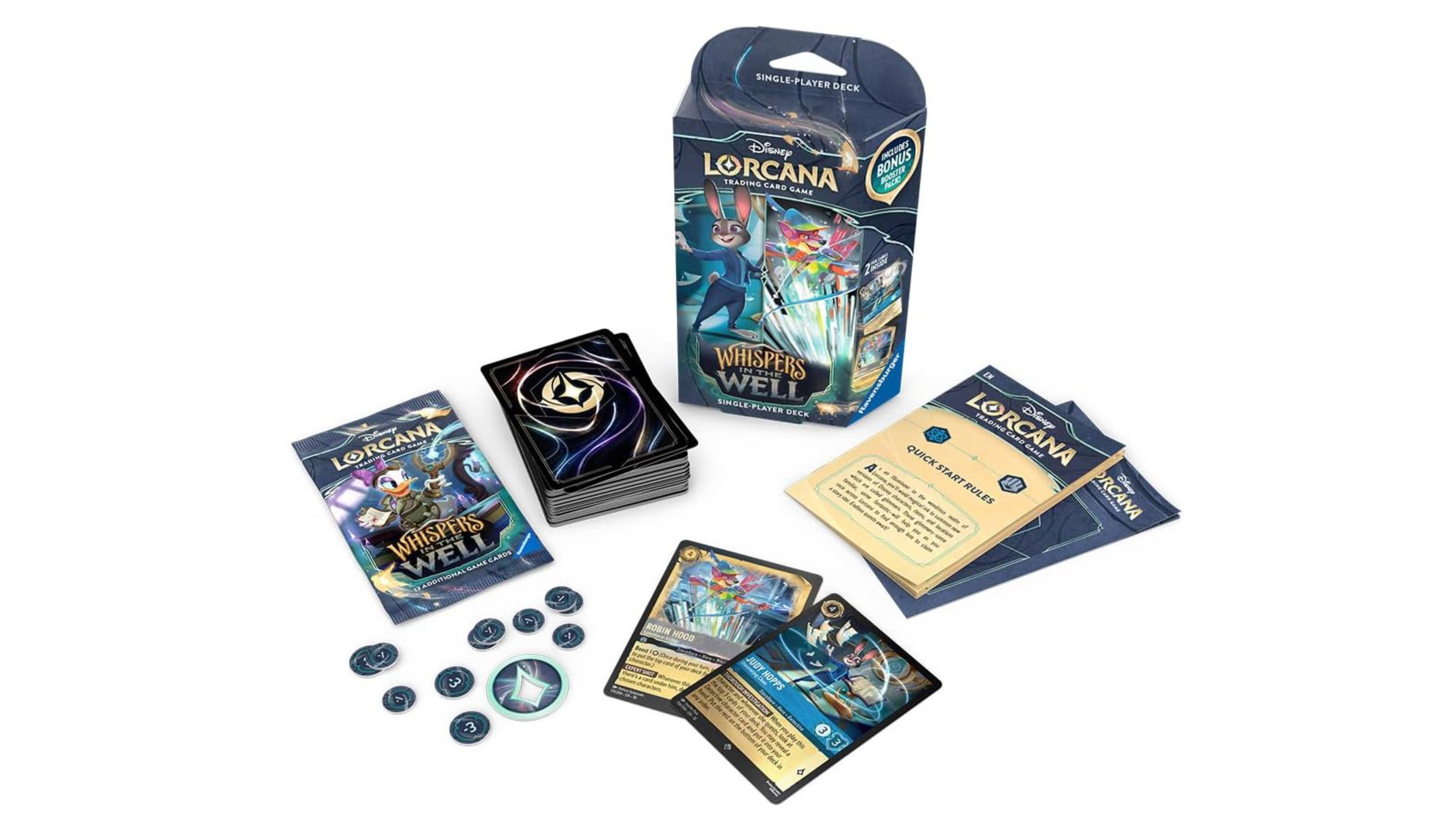 Detalhe de cartas da expansão Whispers in the Well de Lorcana.