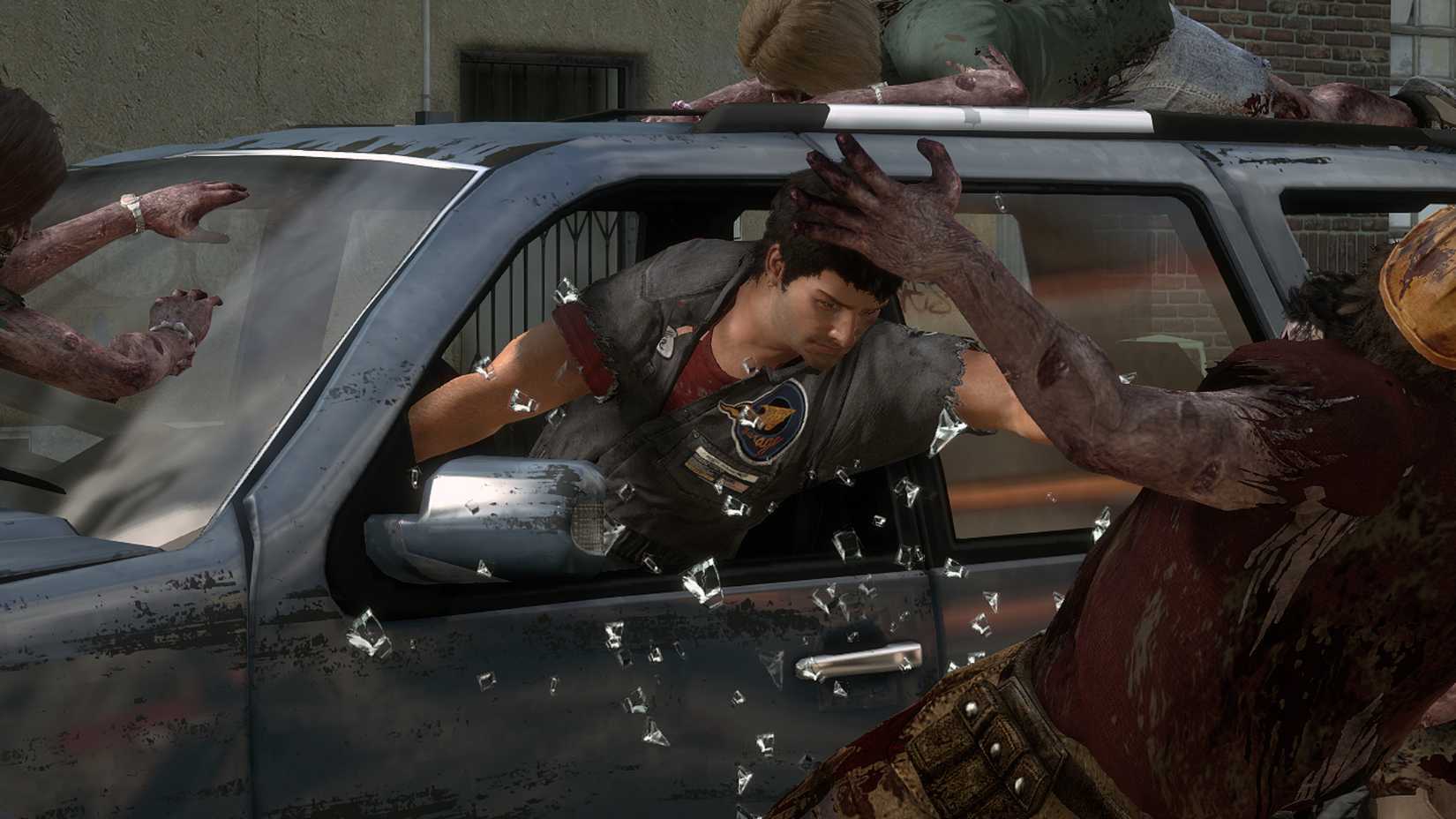 Nick Ramos pushing zombies with his car in Dead Rising 3.