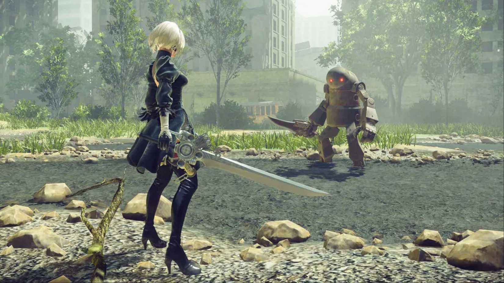 2B in battle against a Medium Biped wielding a knife in Nier: Automata.