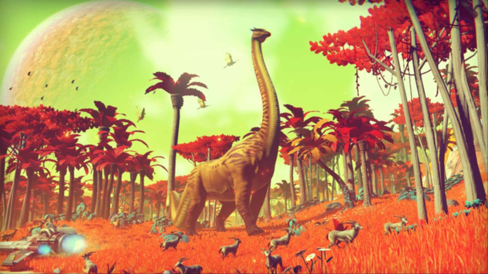 A Diplodocus wandering through a lush red field of grass, surrounded by other wildlife in No Man's Sky.