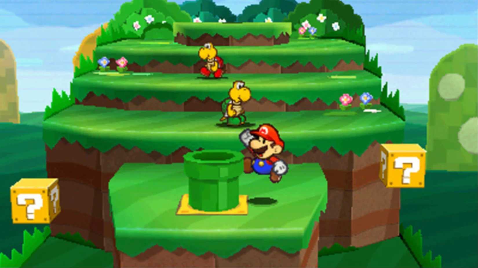 Paper Mario jumps against a pipe while red and green-scaled Koopas roam the background in Paper Mario: Sticker Star.