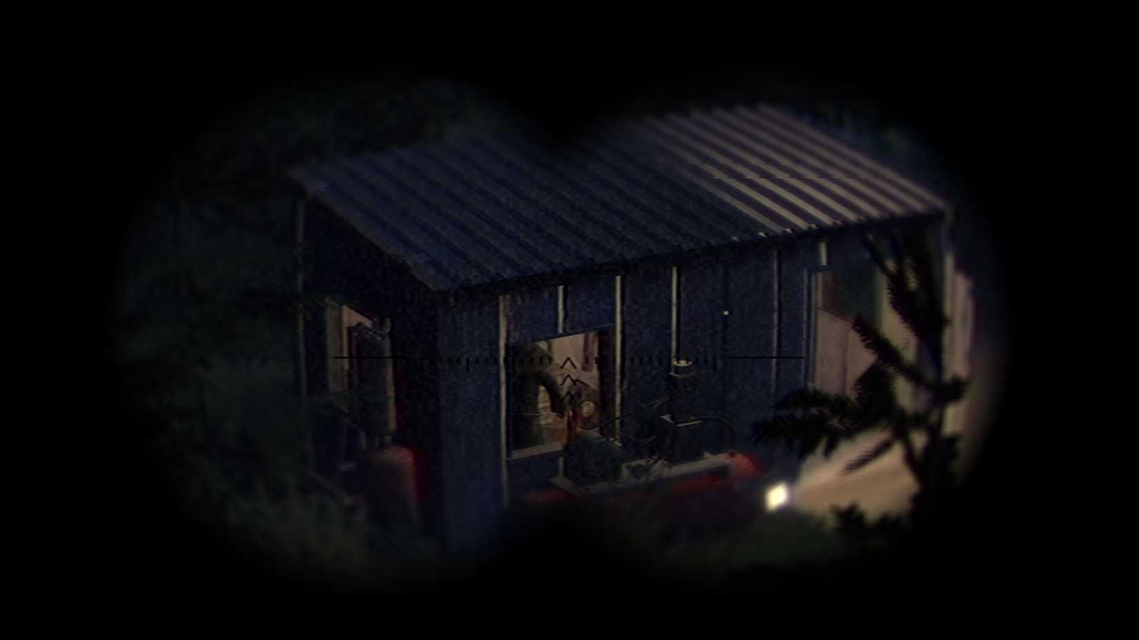Fears to Fathom - A player using binoculars to see a figure in a warehouse in Ironbark Lookout.