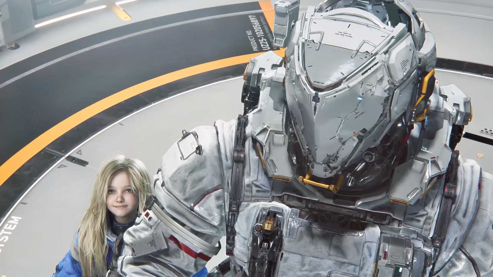 Diana peaks behind Hugh in pragmata.