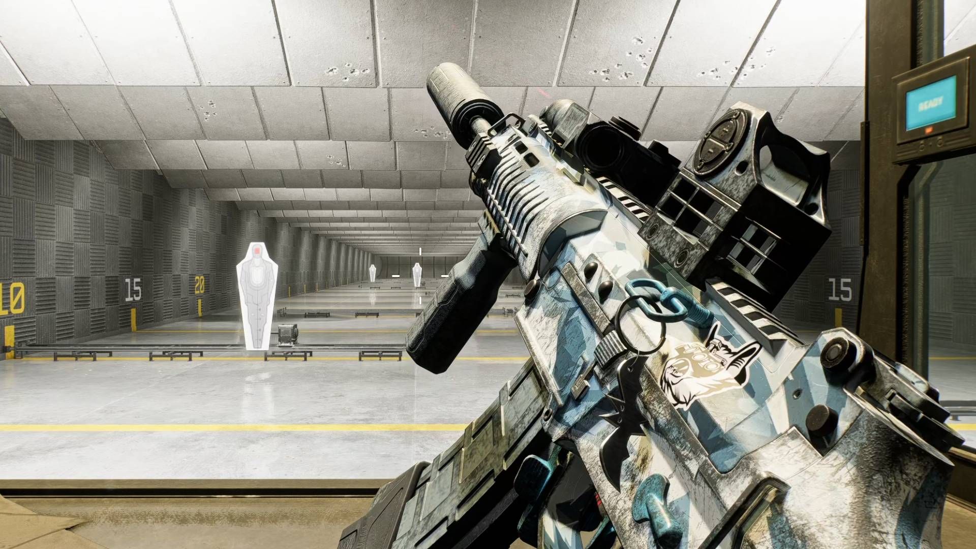 QBZ Carbine with skin in firing range.