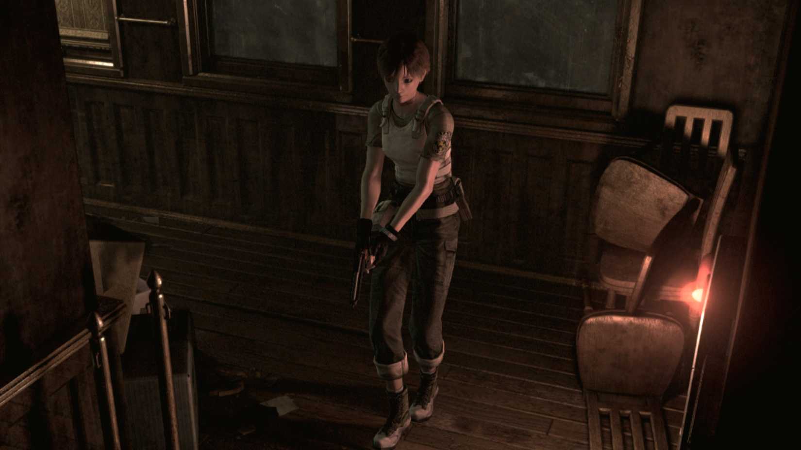 Rebecca Chambers holding a pistol in Resident Evil 0.
