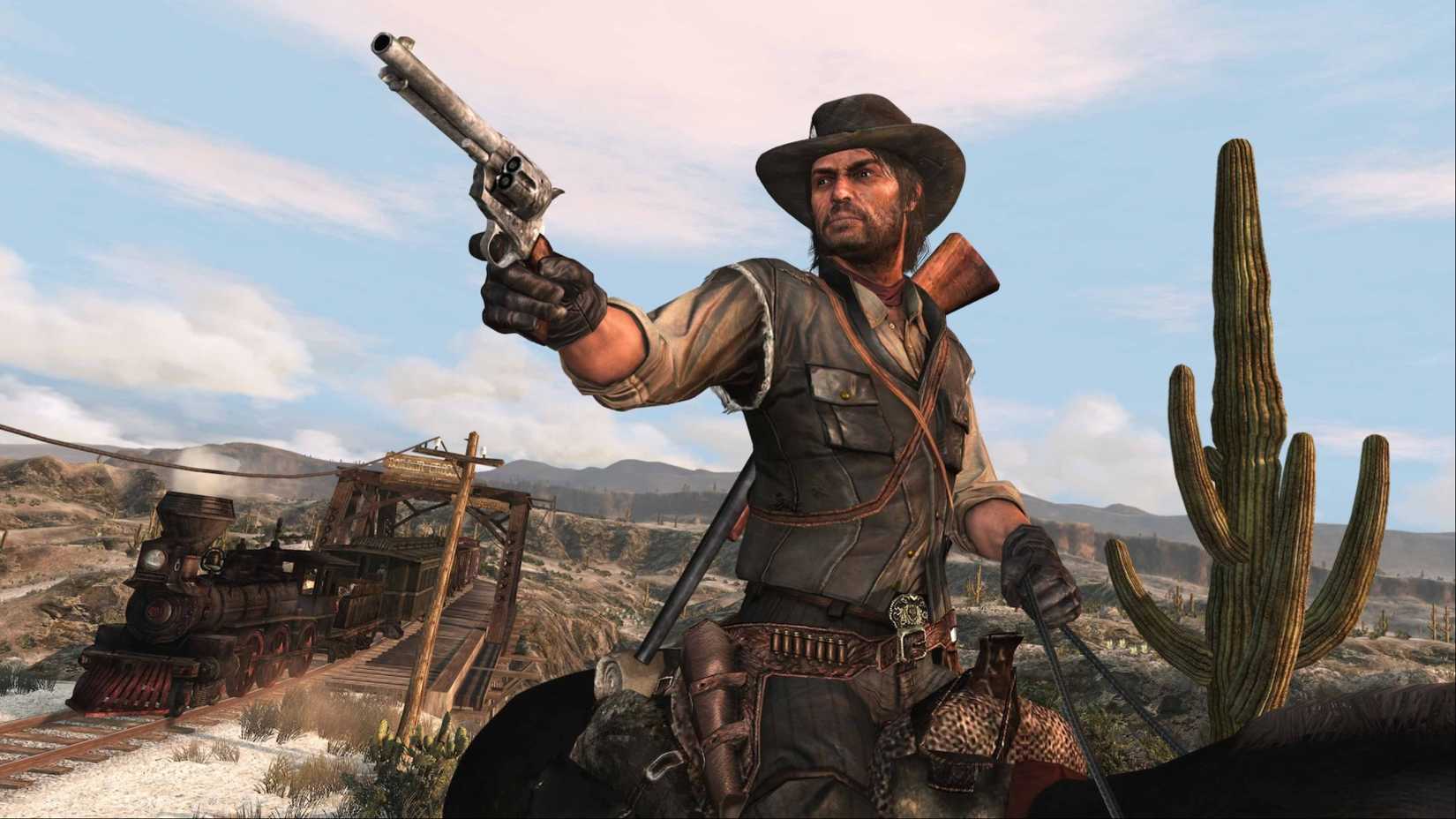 In Red Dead Redemption, John Marston aims a revolver while riding on the back of his horse with a train in the background.