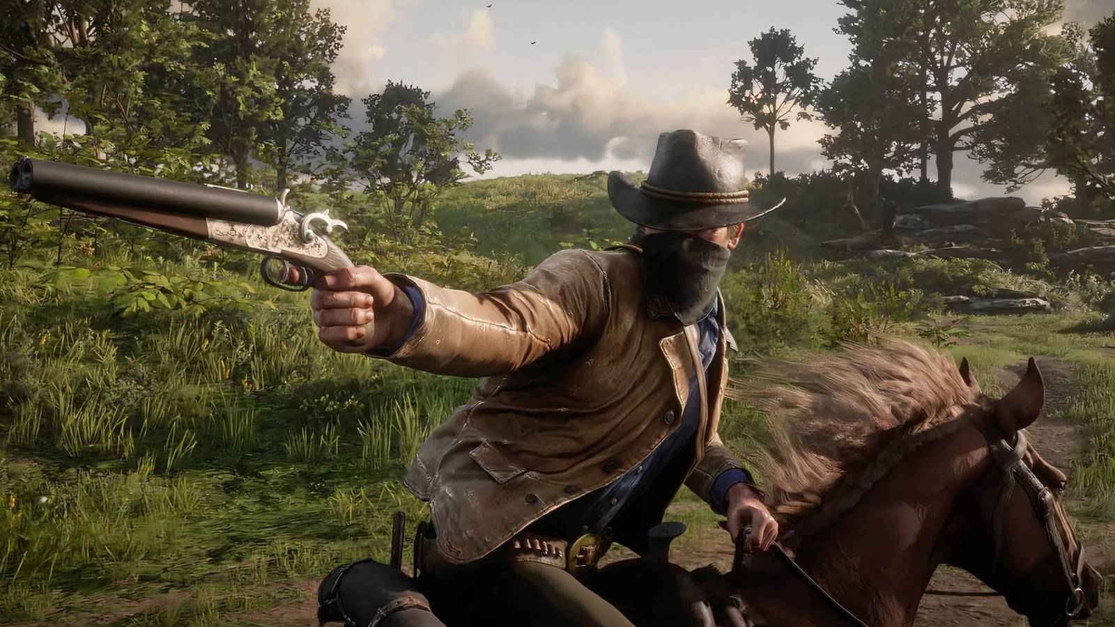 Arthur Morgan shooting a sawn-off shotgun in Red Dead Redemption 2 on PC.