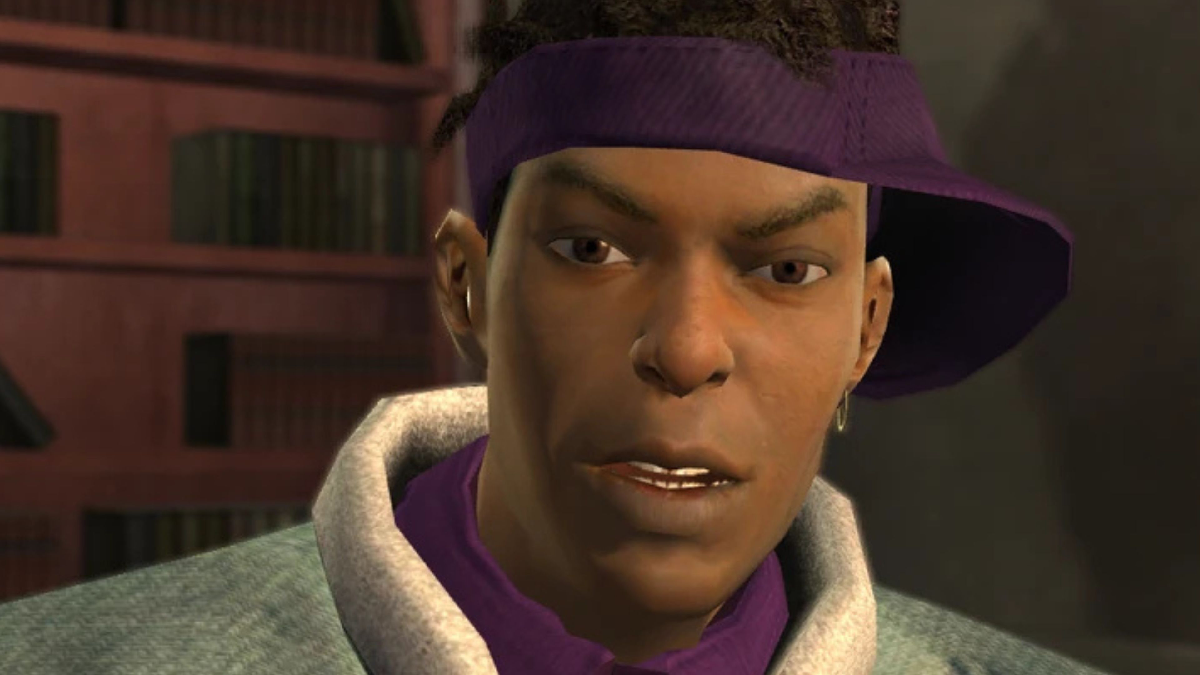 Dex com uma expressão perplexa em Saints Row.