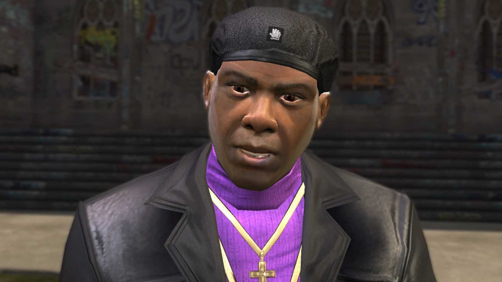 Julius from Saints Row looking at the camera.