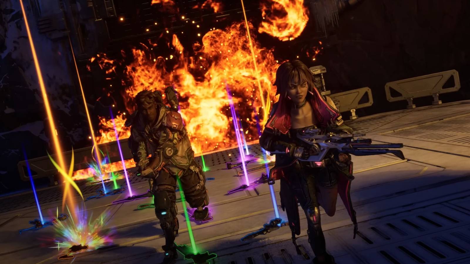 Rafa and Vex running with legendary, rare, and common weapons lying around them in Borderlands 4.