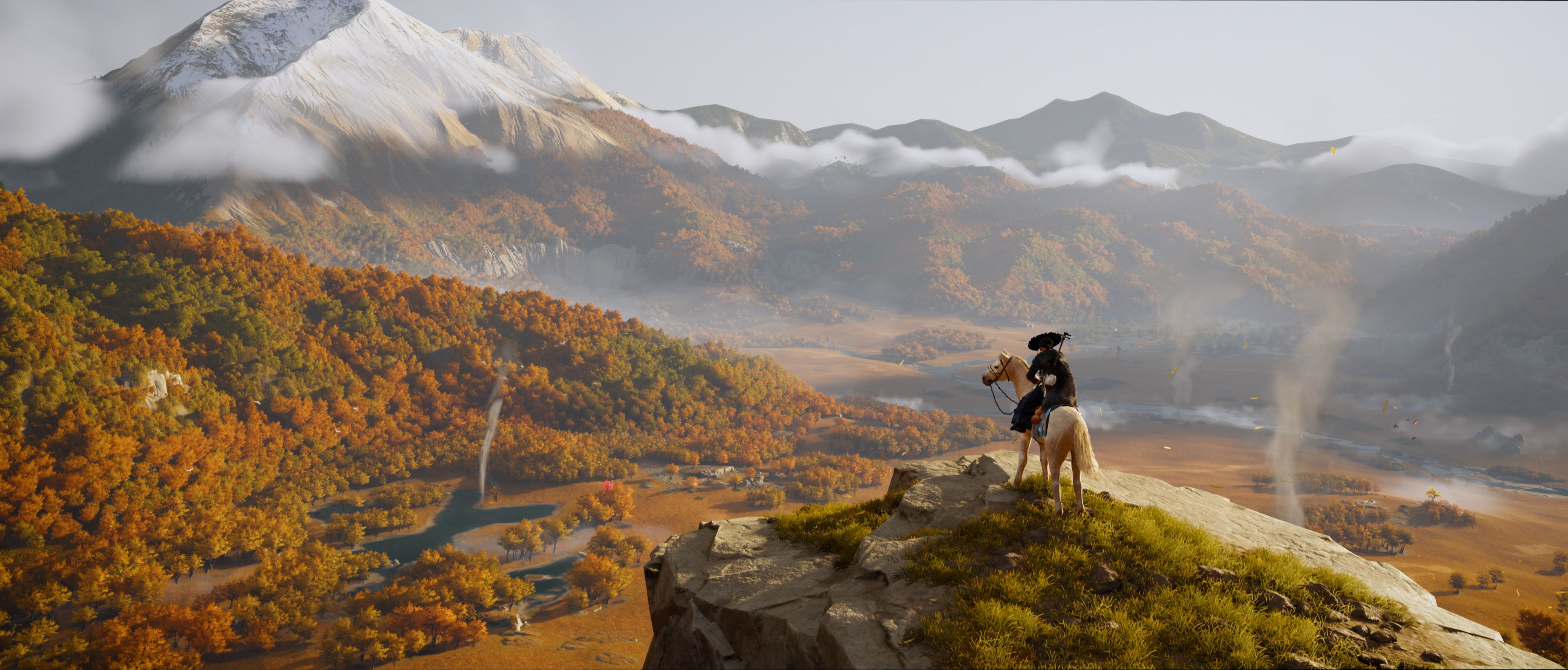 Atzu stands above a tall hill on Ghost of Yotei.