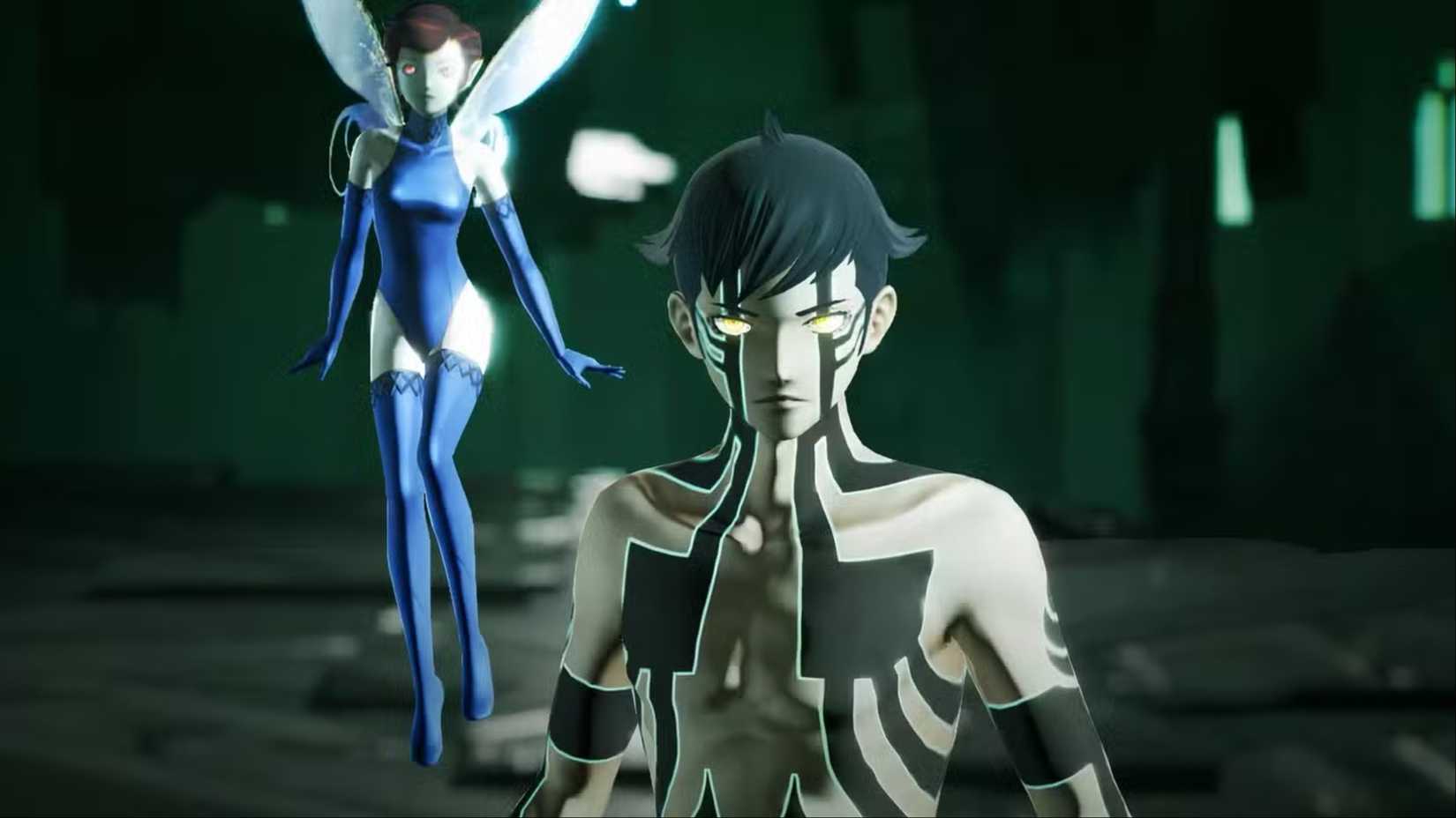 The Demi-Fiend and his Pixie companion, staring menacingly at Nahobino in Shin Megami Tensei V.