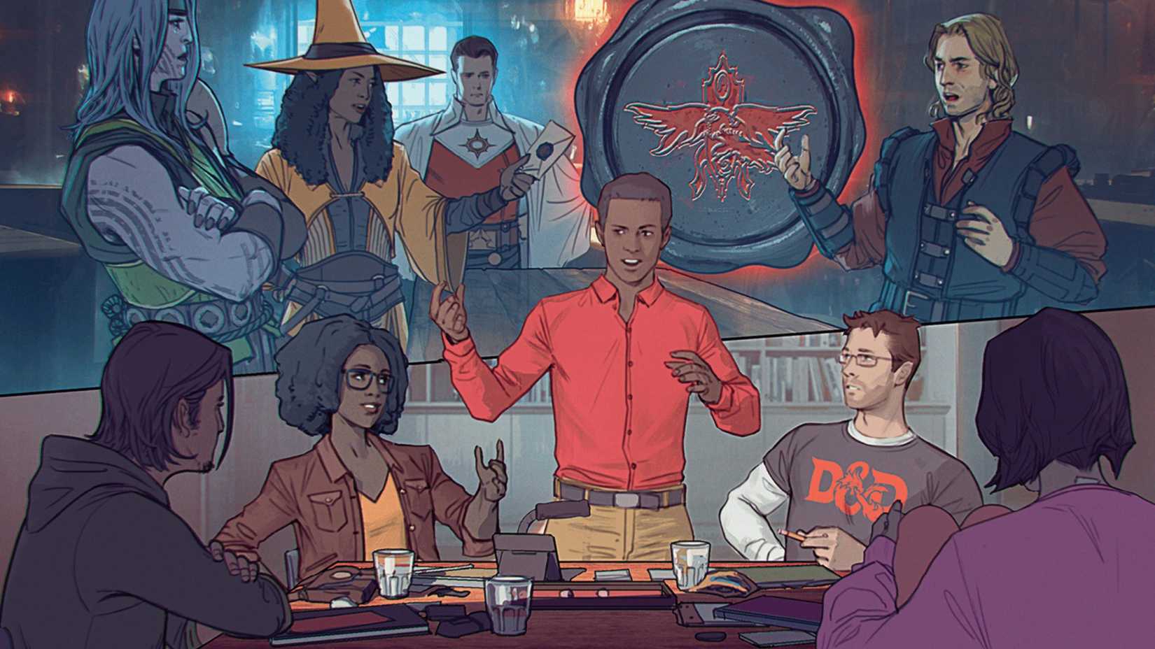 A group of players going through a social interaction, from Dungeons & Dragons (D&D).