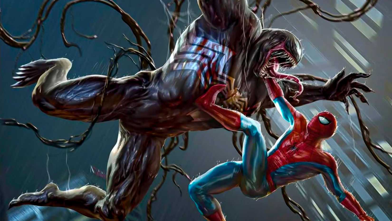 Spider-Man fighting Venom on the front of the MTG crossover box.
