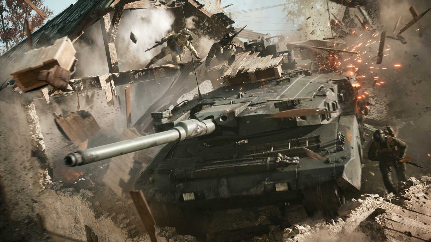 A tank crashed through a destructible building in Battlefield 6. 