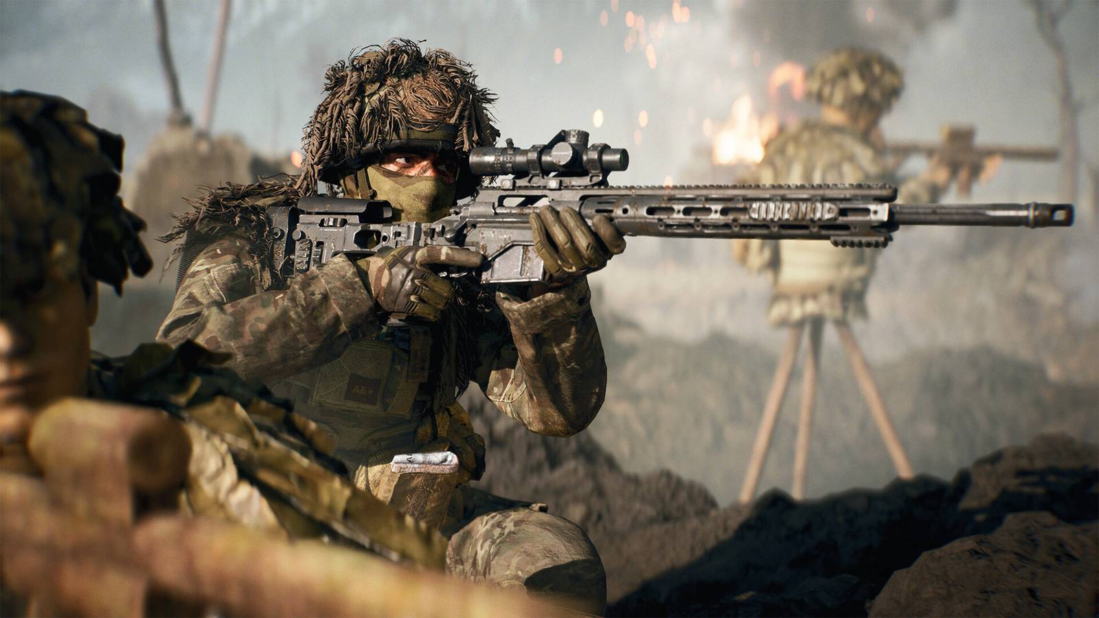 A sniper squad prepared to open fire in Battlefield 6. 