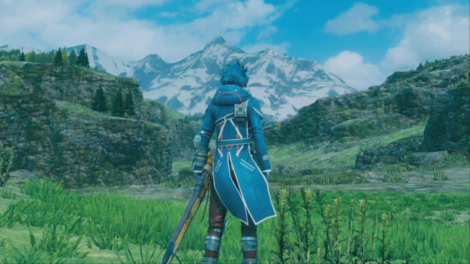 Fidel Camuze stands in an open field with his sword at his side in Star Ocean: Integrity and Faithlessness.