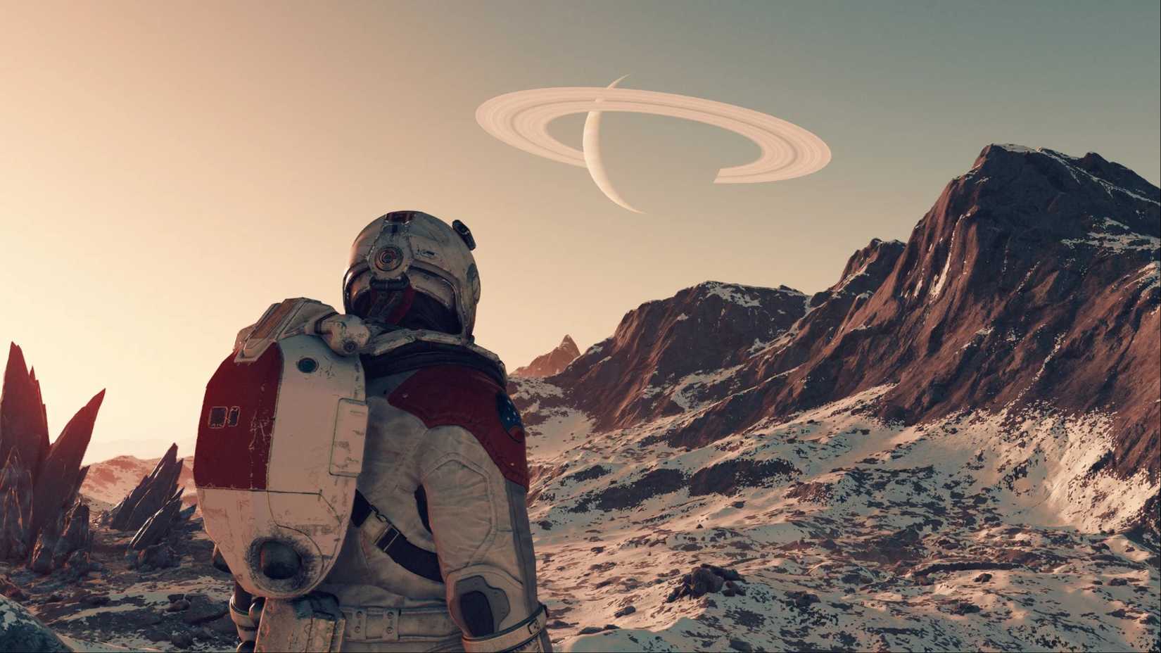 A Spacefarer traversing a desolate and snowcapped planet in Starfield.