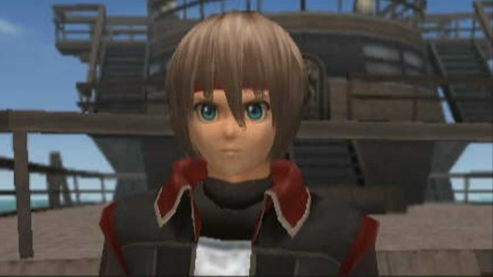 Lazlo stares straight ahead with an annoyed expression on his face, while standing on a large ship, in Suikoden 4.