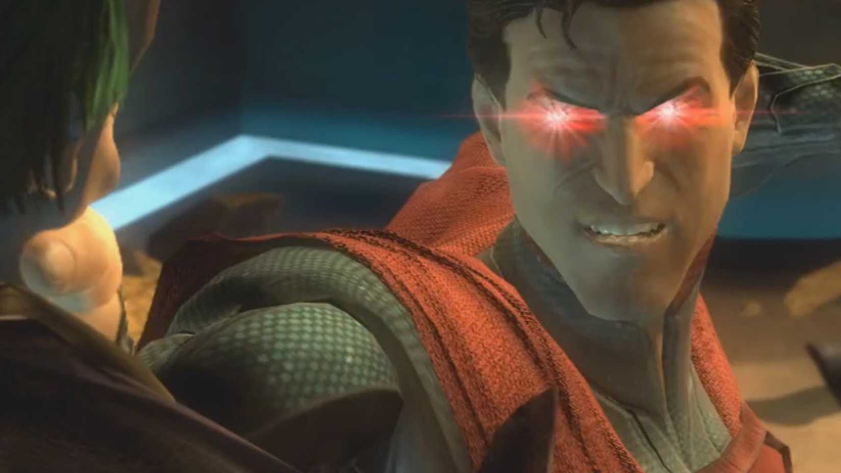 Superman holds the Joker with red eyes in Injustice Gods Among Us.